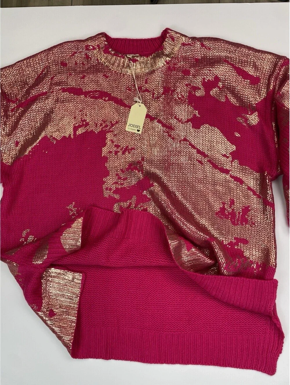 NWT Jodifl Hot Pink Metallic Gold Foil Sweater Oversized Distressed Knit Top S